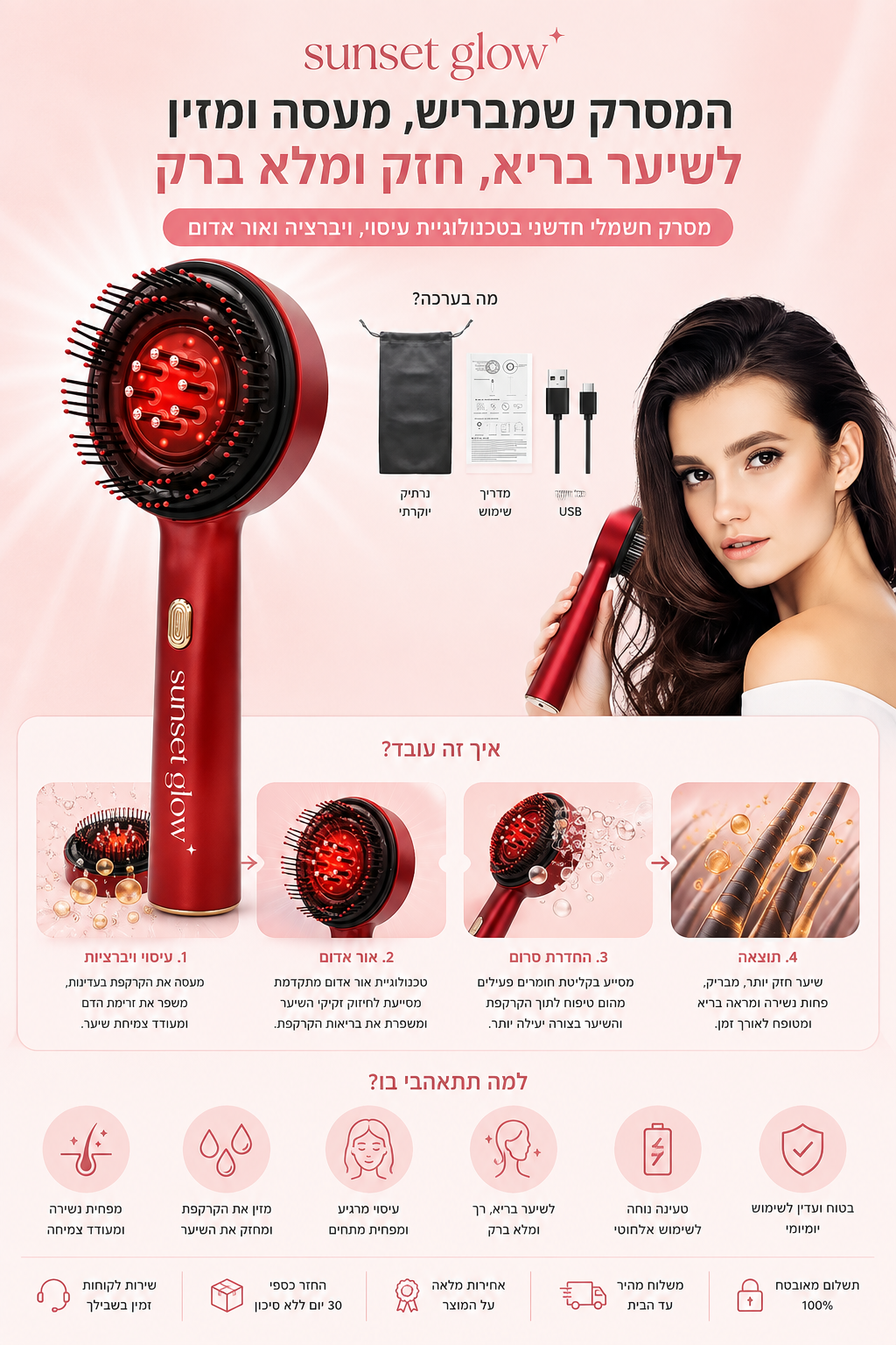 HairBloom – מסרק טיפוח לקרקפת עם LED אדום, עיסוי ופיזור סרום