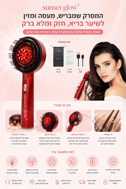 HairBloom – מסרק טיפוח לקרקפת עם LED אדום, עיסוי ופיזור סרום